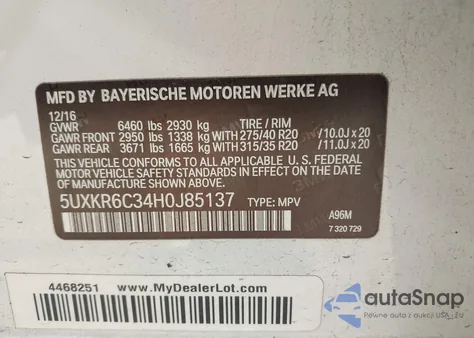 2017 BMW X5 xDrive50I z USA, uszkodzony, nr VIN 5UXKR6C34H0J85137